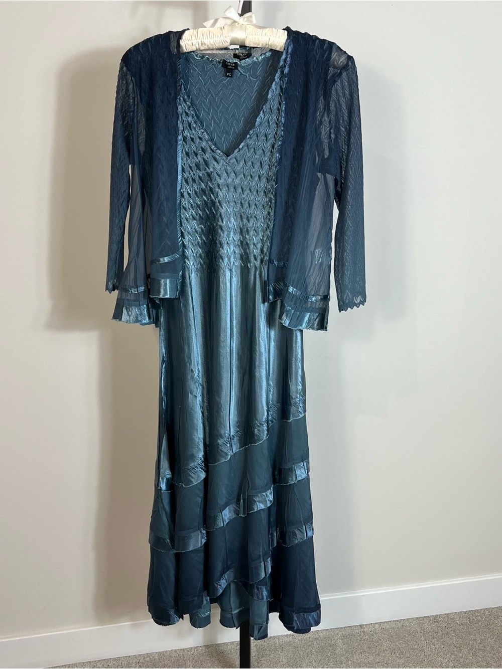 Komarov Charmeuse Glossy Satin Trim Chiffon 2 Pc Teal Midi Dress With Jacket PS
